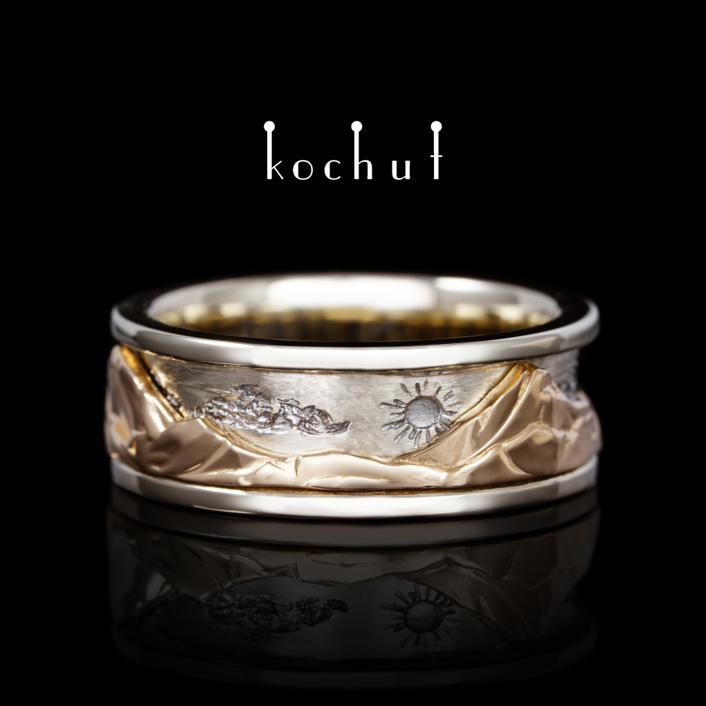 Wedding ring «Peaks of Love: kinematic». Red and white gold, black rhodium