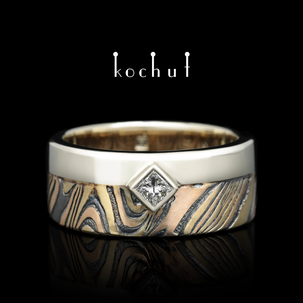  Seamless mokume wedding ring «Kado». White, yellow and red gold, etched silver, diamond, oxidized
