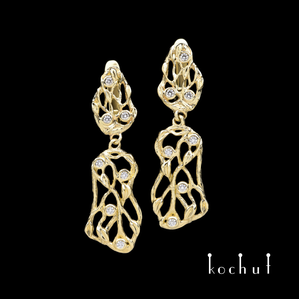 Earrings «Forest Veil». Yellow gold, diamands