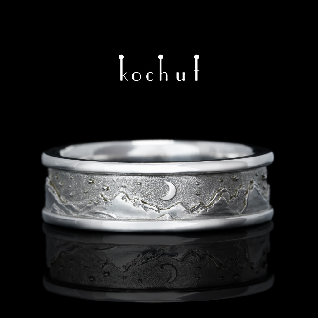 Wedding ring of «Peaks of Love: sun and moon». Silver, white rhodium