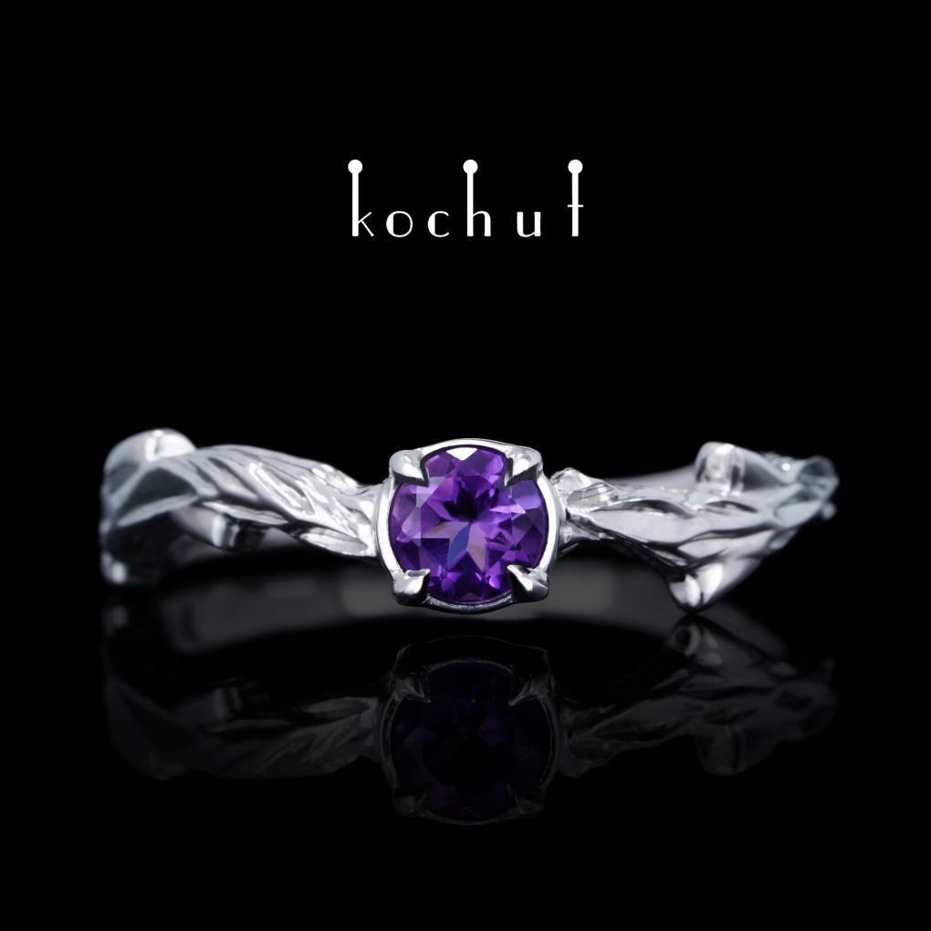 Ring «March twig.» White gold, amethyst,white rhodium