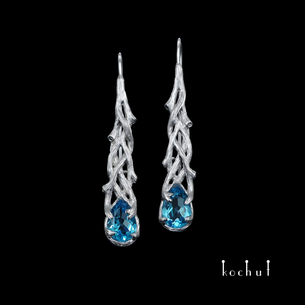 Earrings «Galadriel». Silver, topaz, white rhodium