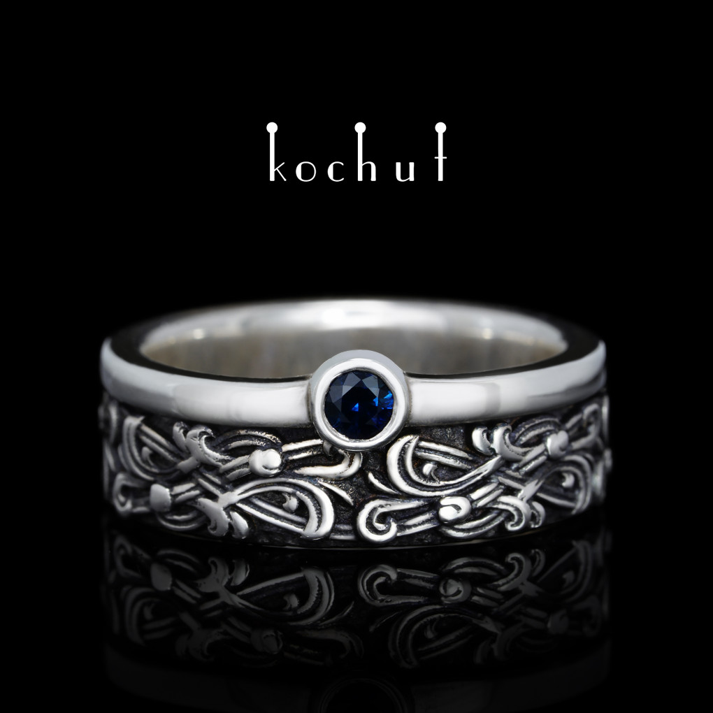 Wedding ring «Venetian night with a rim». Silver, sapphire, oxidized