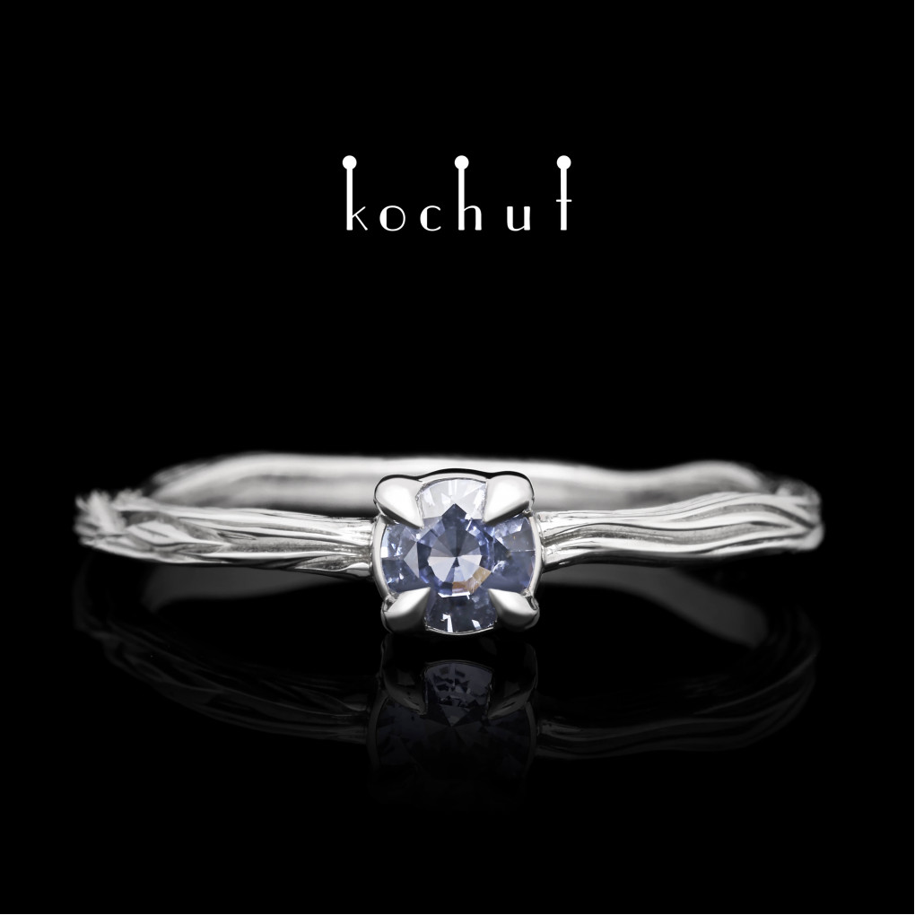 Ring «Winter twig». White gold, cornflower sapphire, white rhodium