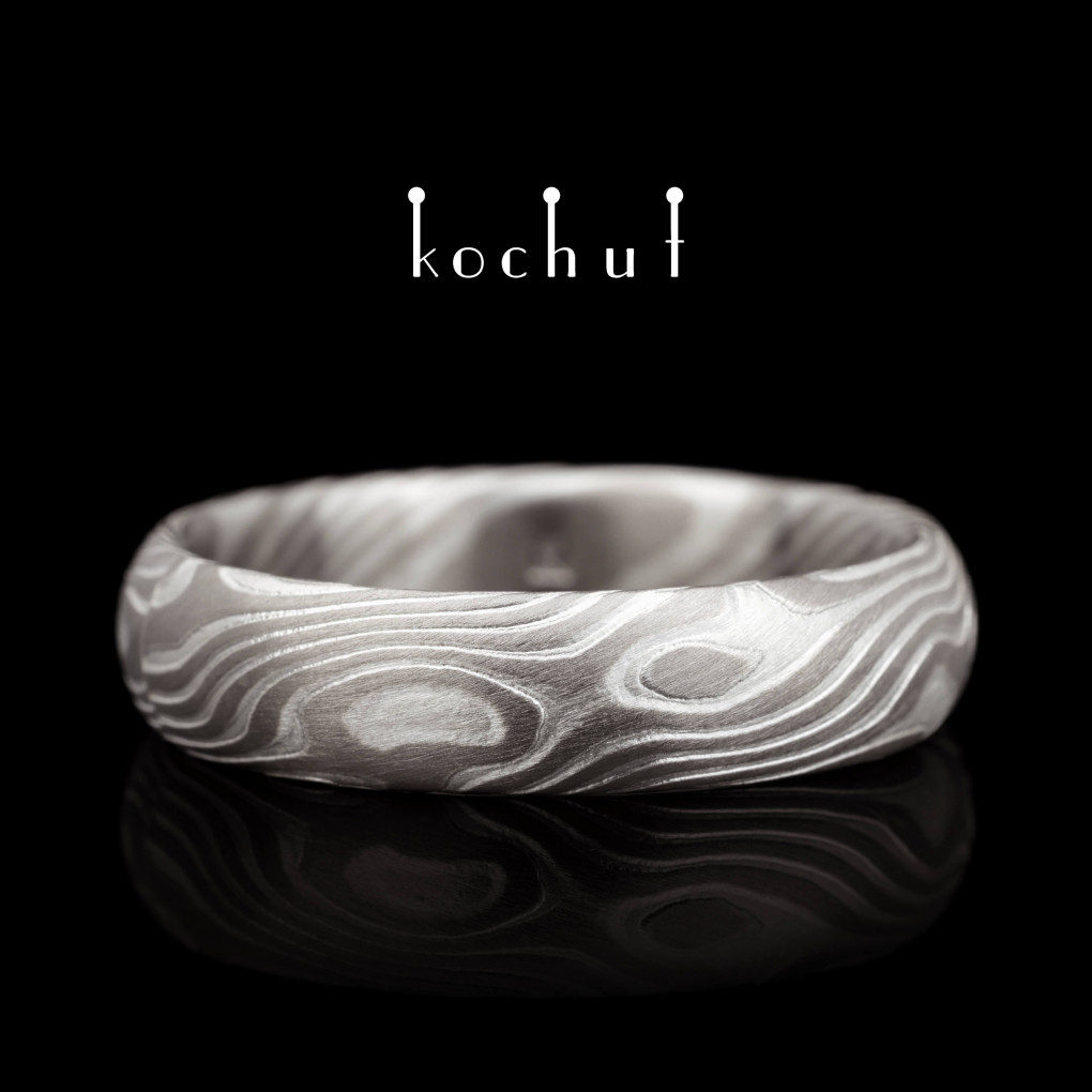 Mokume wedding ring «Sophora». Palladium gold, etched silver