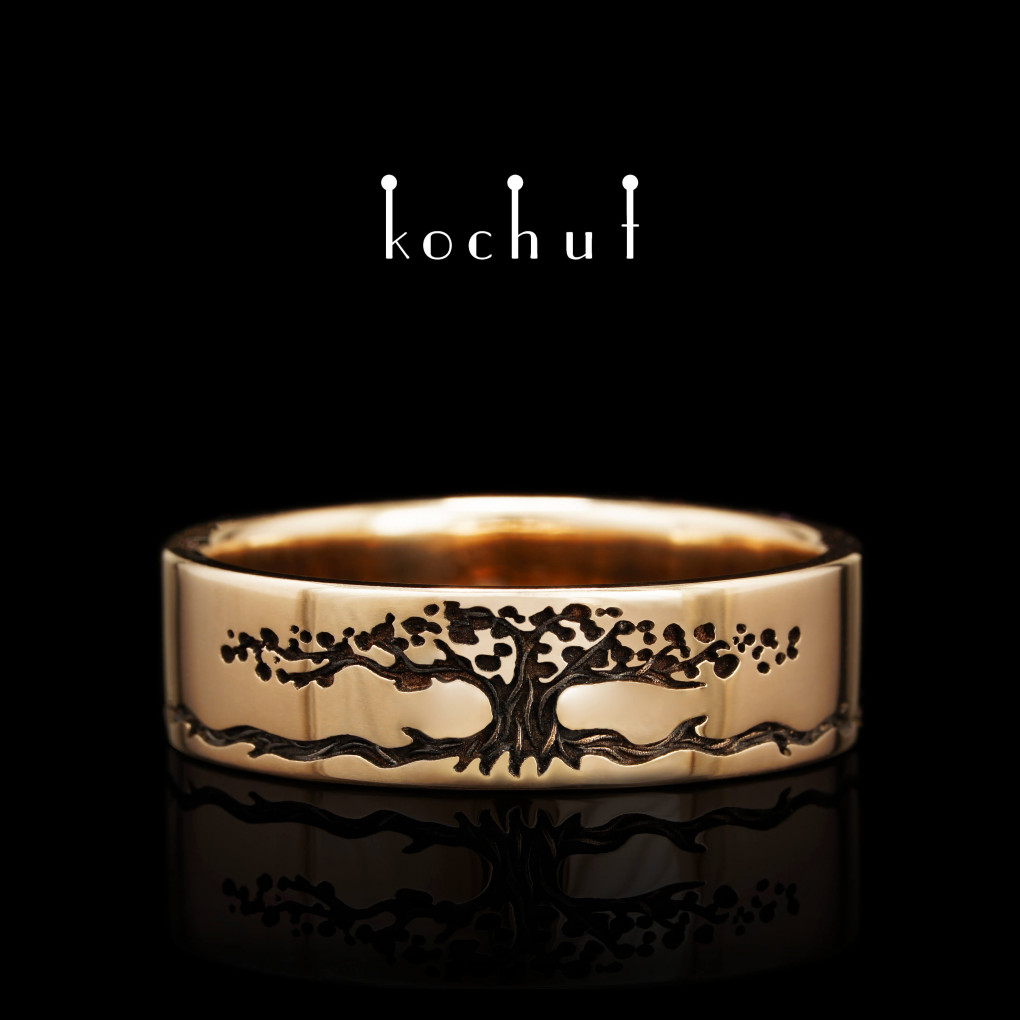 Glossy wedding ring «Tree of Life: stems». Red gold, black rhodium