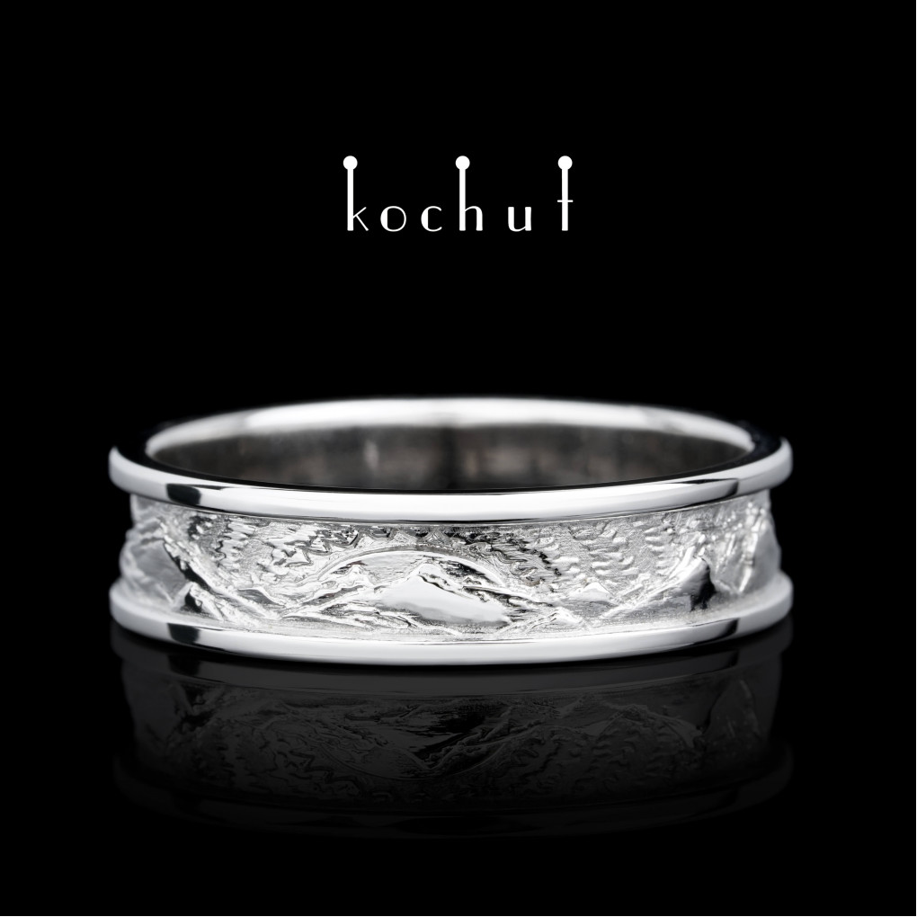 Wedding ring "Peaks of Love: the sun and the moon". White gold, white rhodium