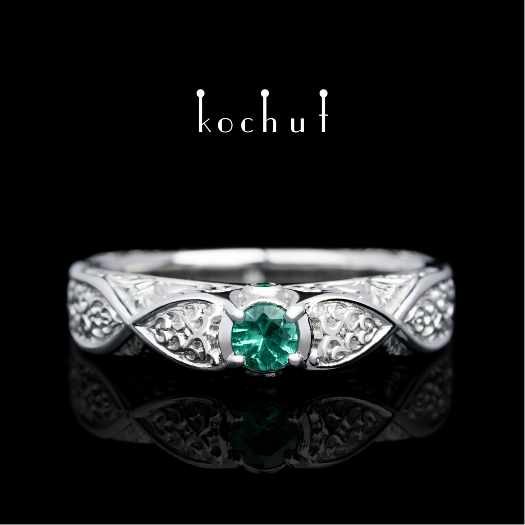 Engagement ring «Versailles». White gold, emeralds, white rhodium
