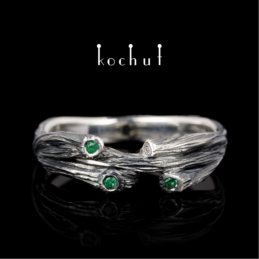 Ring «Twig: revival». Silver, emeralds, oxidized