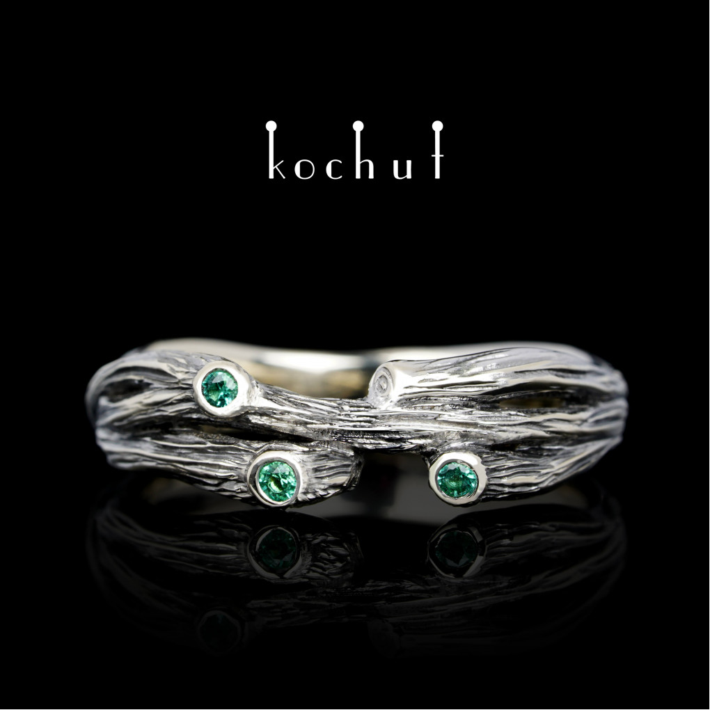 Ring «Twig: revival». White gold, emeralds, black rodium