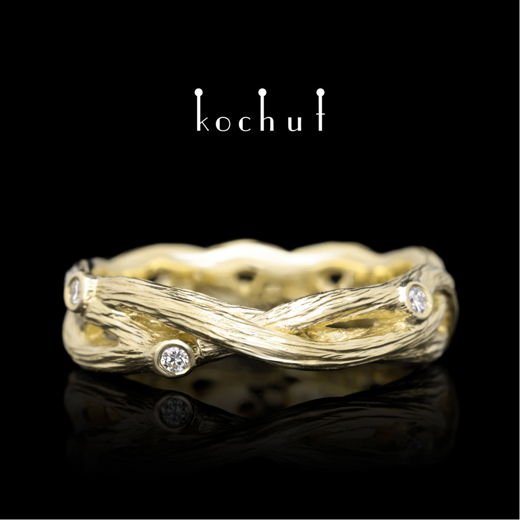 Wedding ring «Forest Mobius ribbon». Yellow gold, diamonds