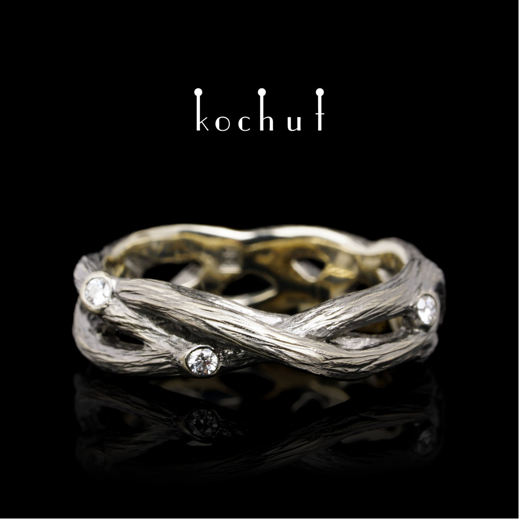 Wedding ring «Forest Mobius ribbon». White gold, black rhodium, diamonds