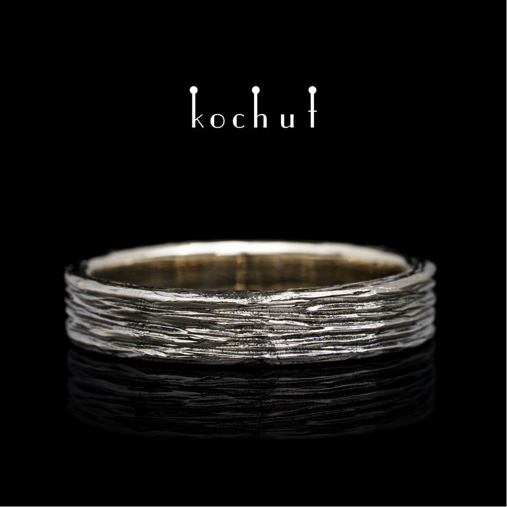 Wedding ring «Bark of the tree». White gold, black rhodium