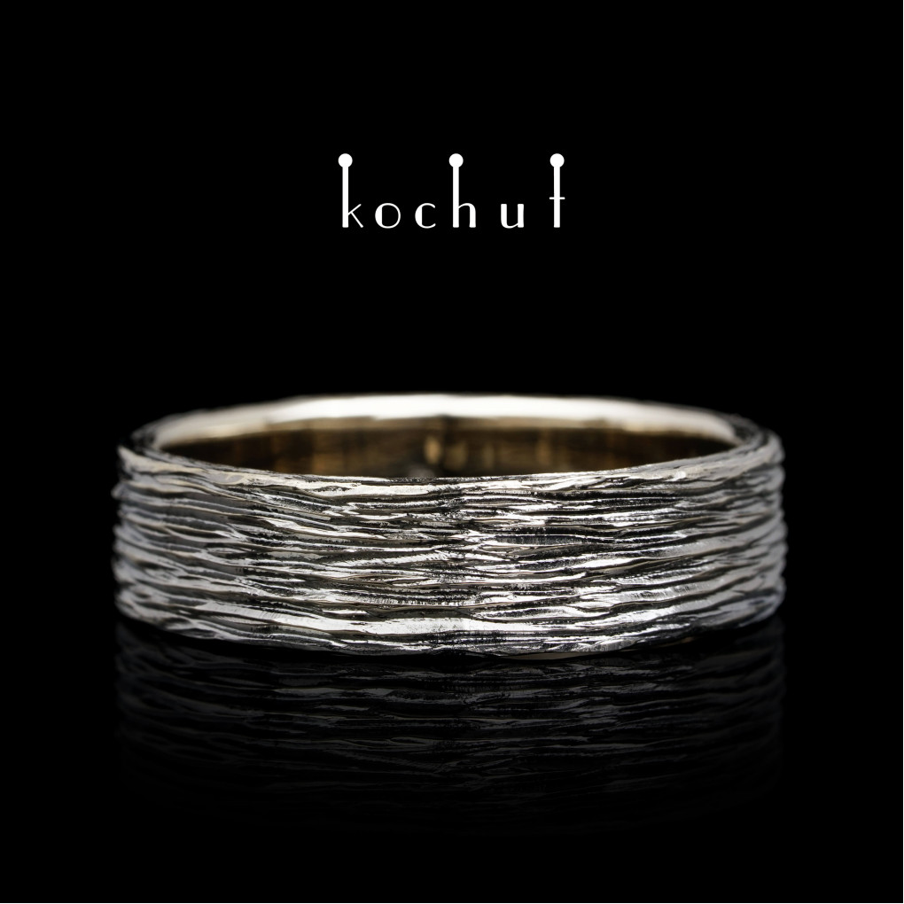 Wedding ring «Bark of the tree». White gold, black rhodium