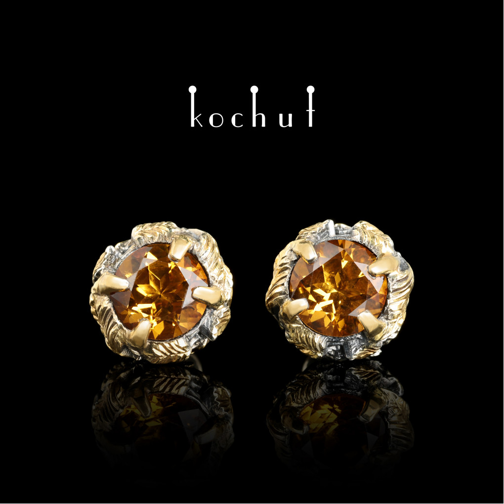 Earrings «Sun Forest». Silver, yellow gold, citrine, gilding, oxidized