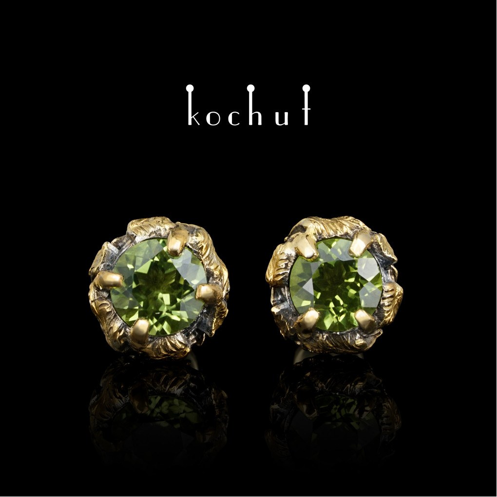 Earrings «Sunny Forest». Silver, yellow gold, oxidation, gilding, chrysolites