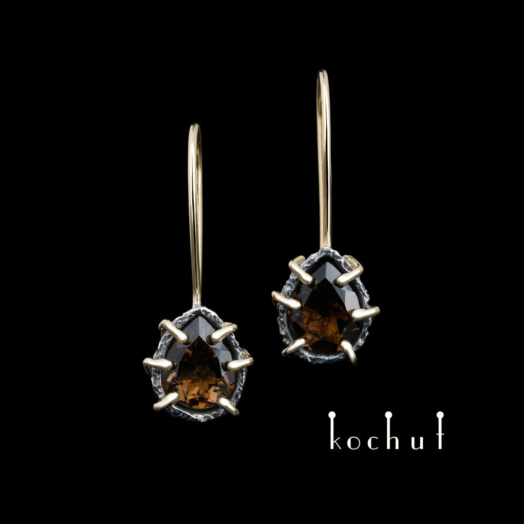 Earrings «Aurora». Silver, yellow gold, oxidized, smoky quartz