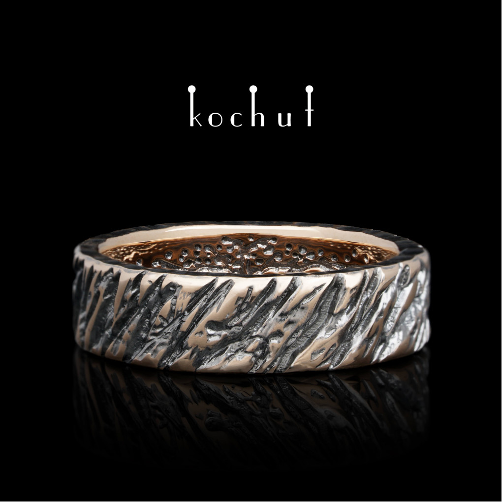 Wedding ring «Tree of Life: ash bark». Red gold, black rhodium