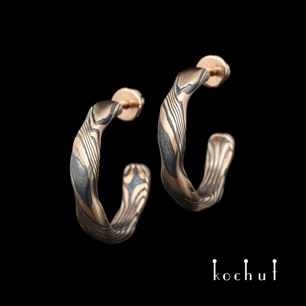 Mokume earrings «Waves» . Red gold, etched silver, oxidized