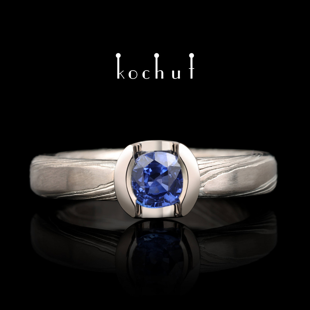 Mokume ring «Jugen». Palladium gold, etched silver, cornflower sapphire