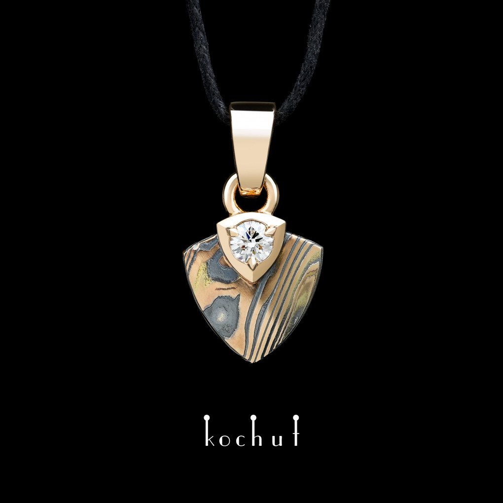 Mokume pendant «Seishi». Red gold, etched silver, diamond, oxidized