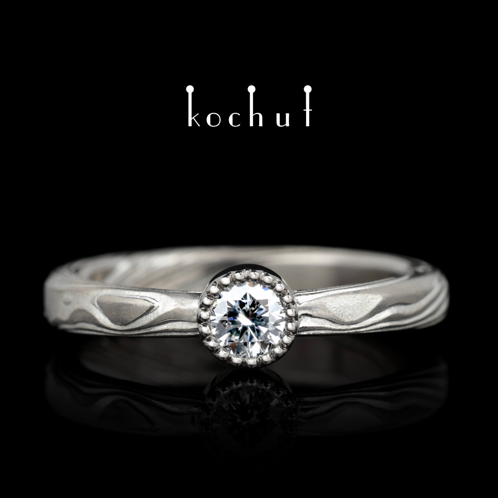 Mokume engagement ring «Yuna» . Palladium gold, etched silver, diamond
