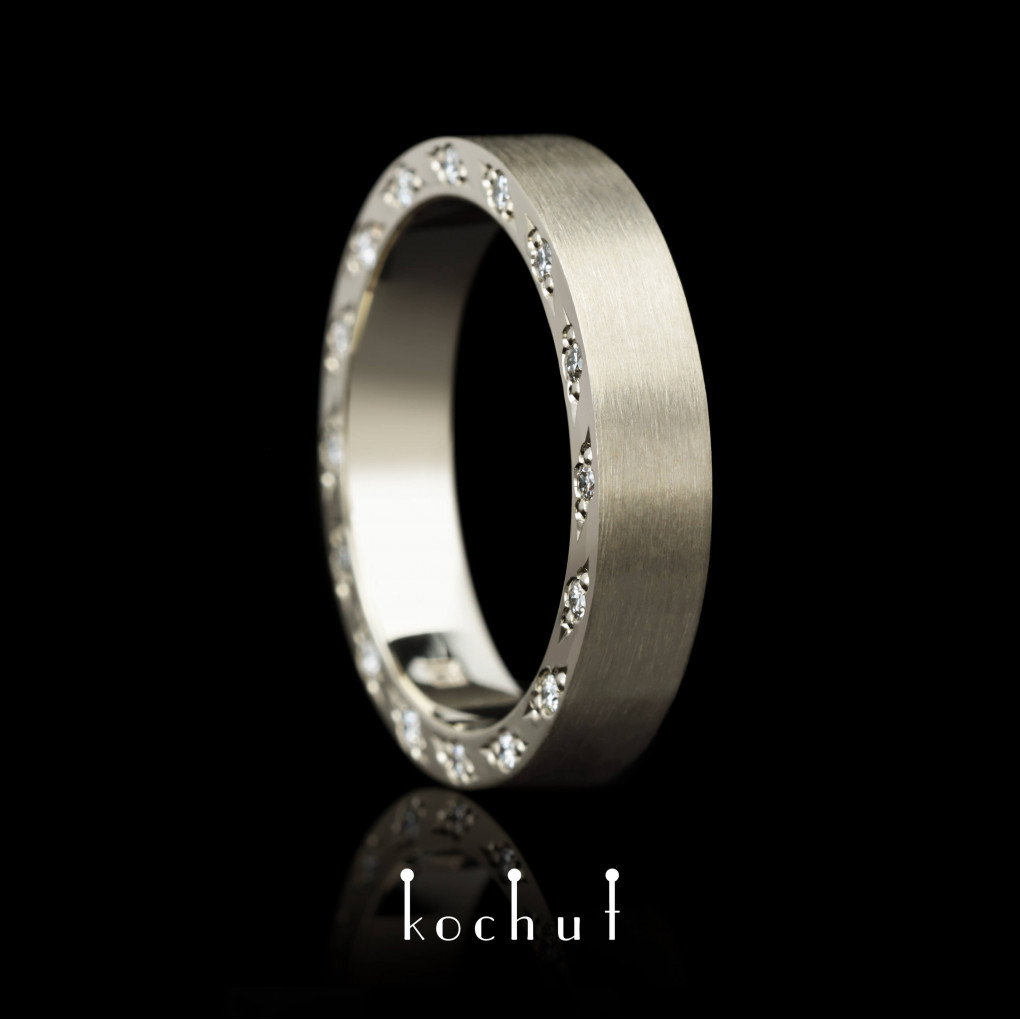 Flat-shaped wedding ring «Aristocrats». White gold, diamonds