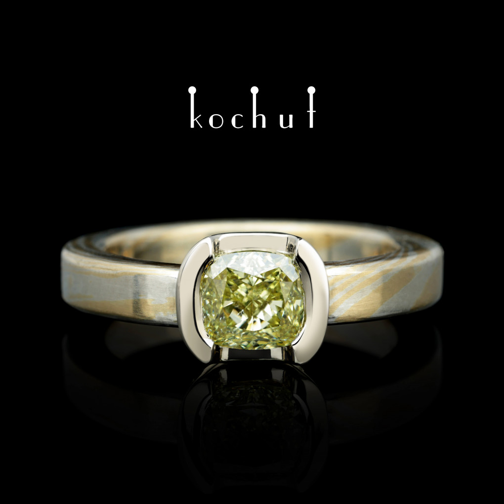 Mokume ring «Jugen». Yellow, white gold, silver, diamond