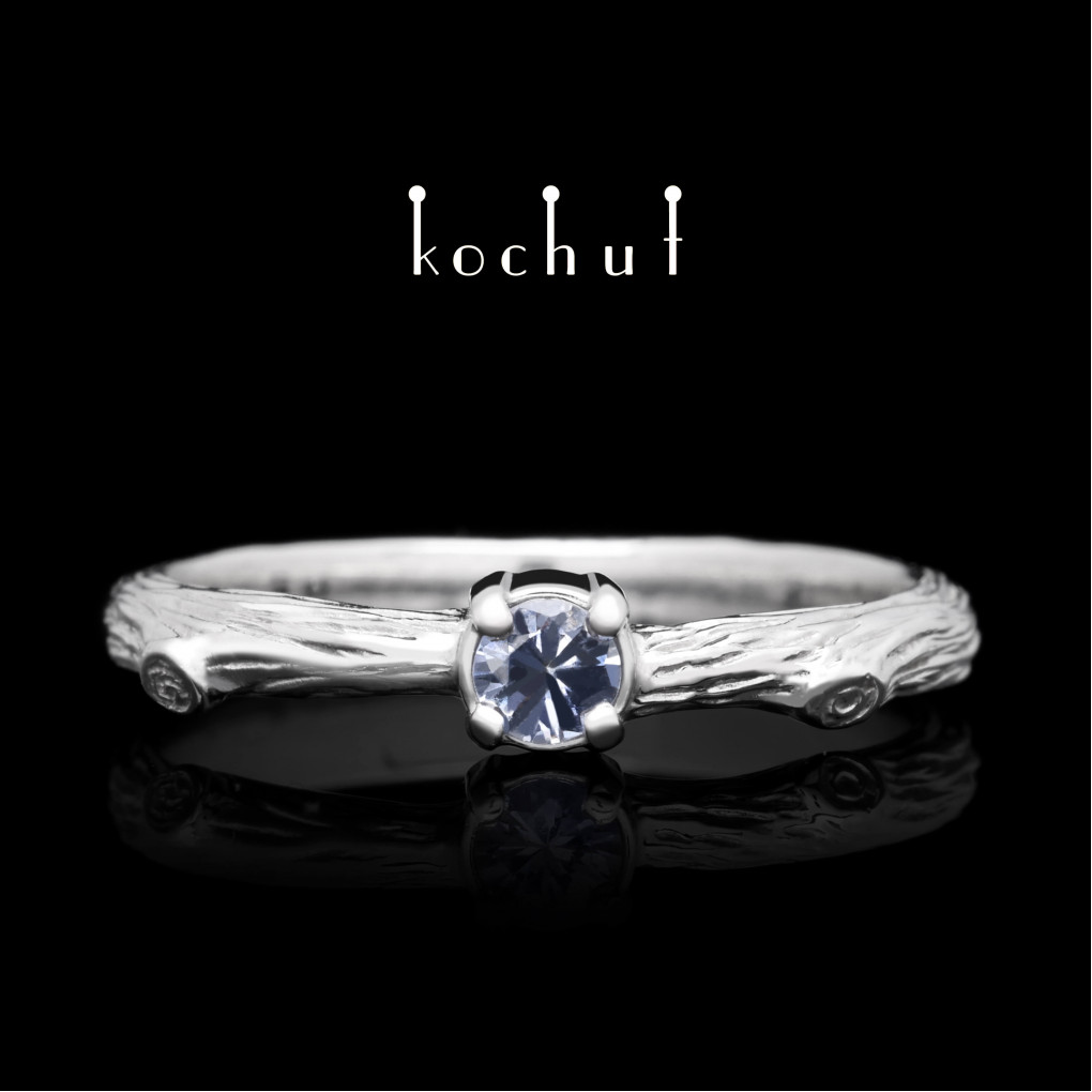Engagement ring «Fragile twig». White gold, white rhodium, cornflower sapphire
