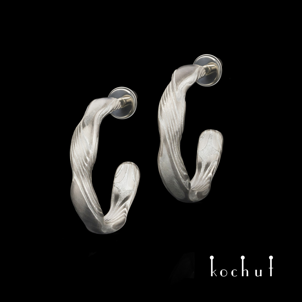 Mokume earrings «Waves». Palladium gold, etched silver