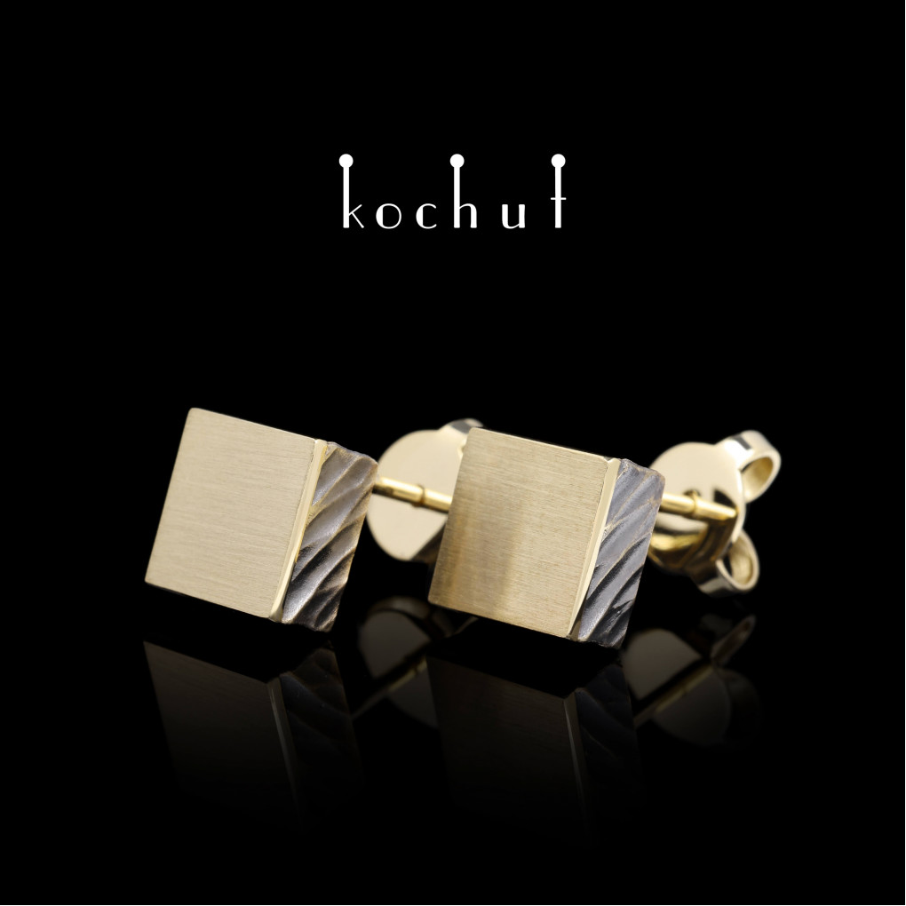 Earrings «Golden Square». Yellow gold, black rhodium