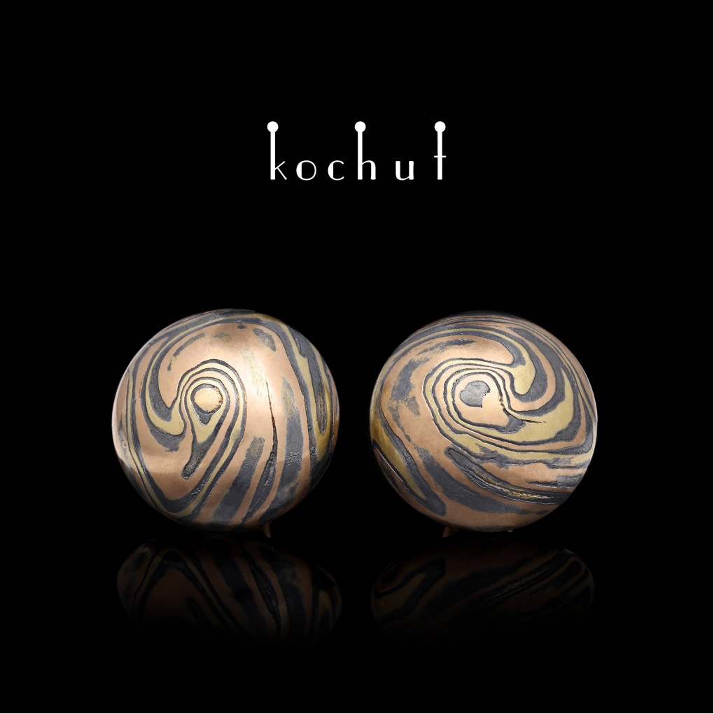 Mokume earrings «Whirlwind». Yellow, red gold, etched and oxidized silver