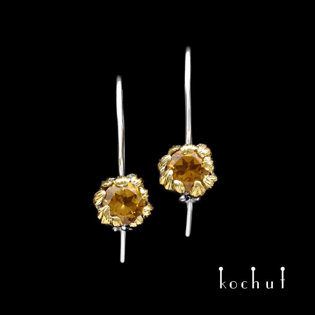 Earrings with a French castle «Peony». Silver, citrines, white rhodium, gilding