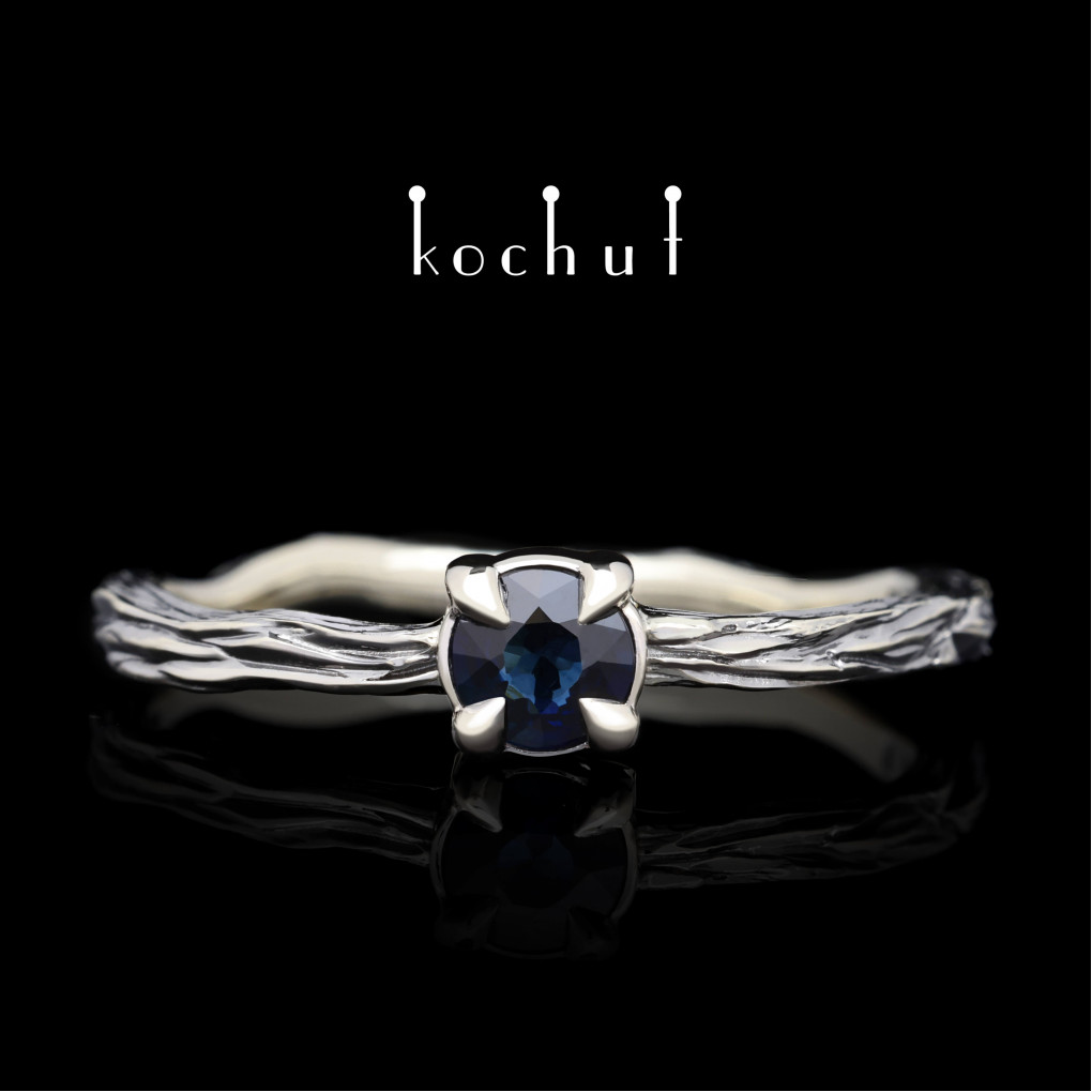 Ring «Winter twig». White gold, sapphire, black rhodium