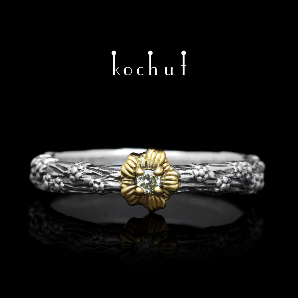 Engagement ring «Forget-me-not». Silver, oxidized, gilding, pale yellow diamond