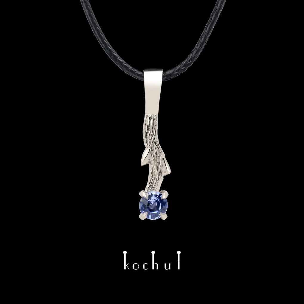 Pendant «March twig». Palladium gold, cornflower sapphire