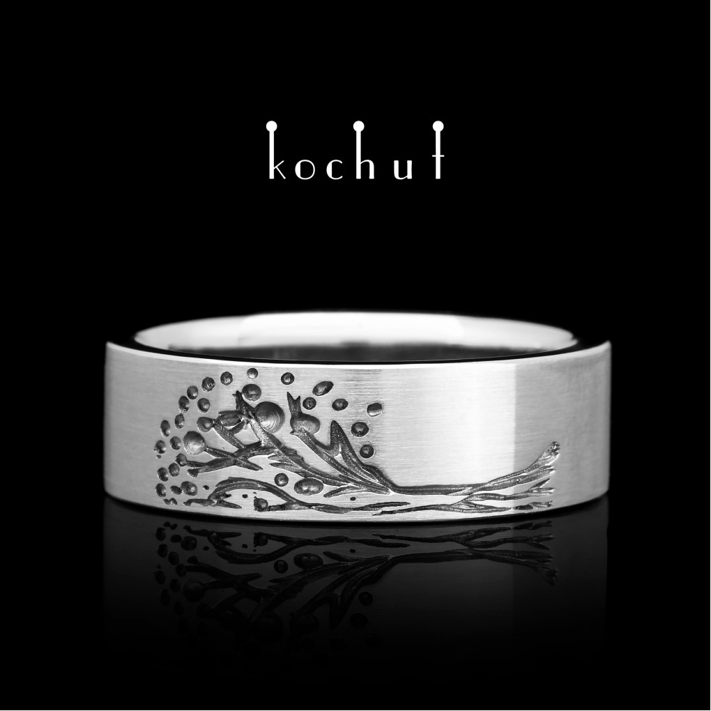 Flat-shaped wedding ring «Tree of Life: halves». Platinum, black rhodium