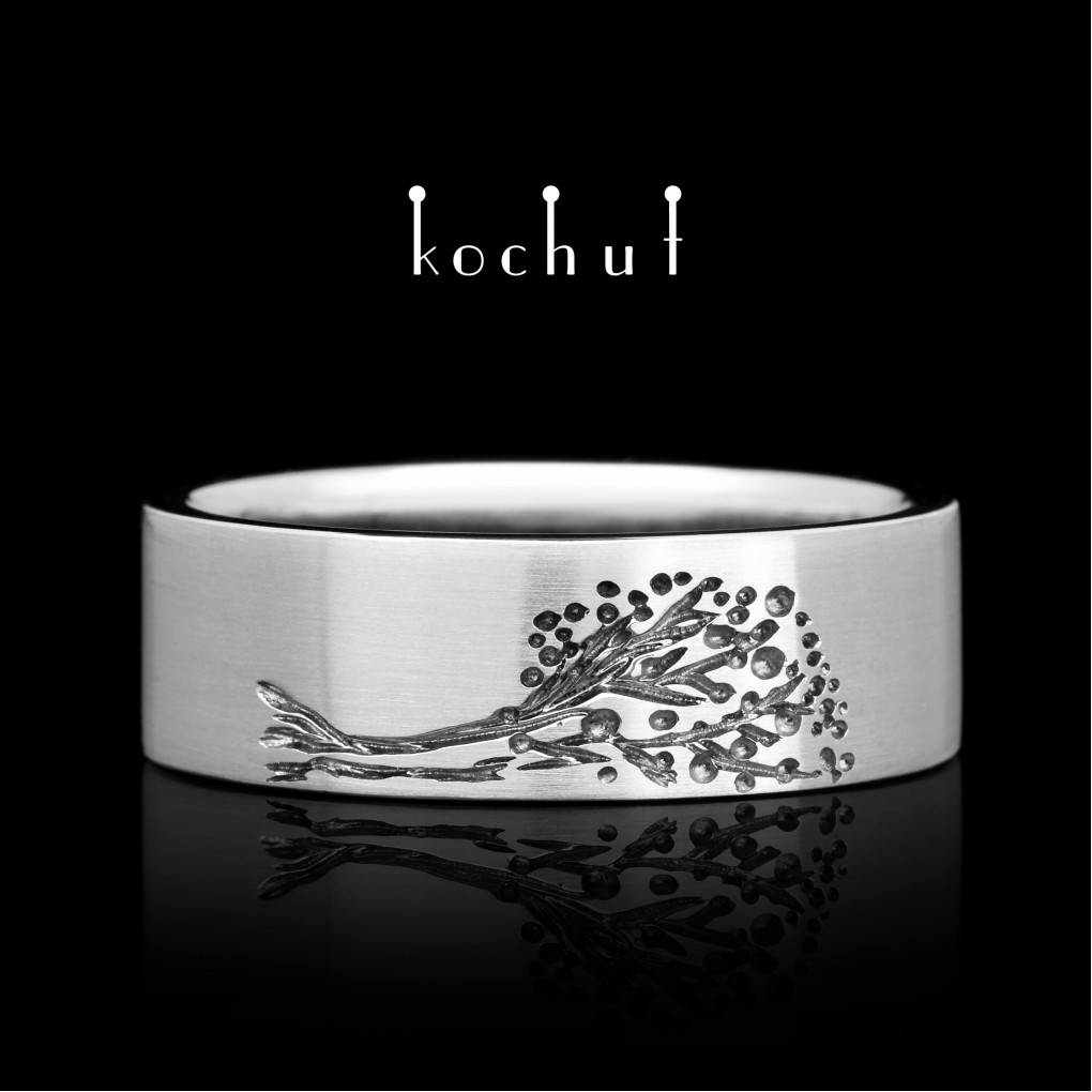 Flat-shaped wedding ring «Tree of Life: halves». Platinum, black rhodium