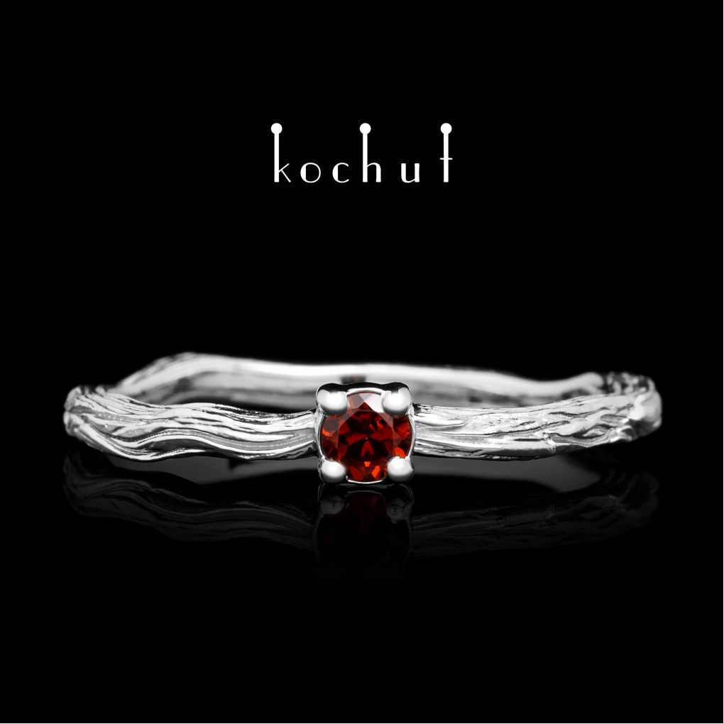 Ring «Winter twig». White gold, garnet, white rhodium