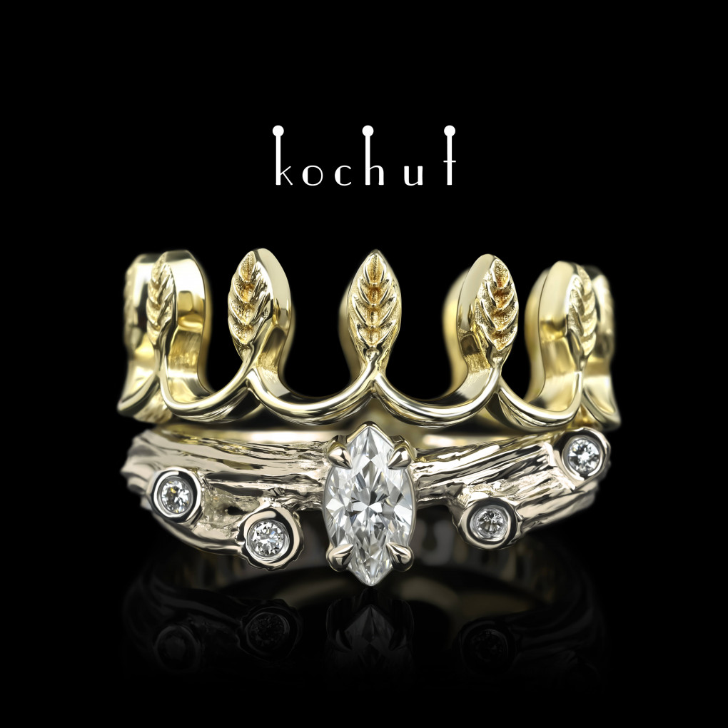 Engagement ring «Her Majesty». Yellow gold, white gold, marquise-cut diamond, diamonds
