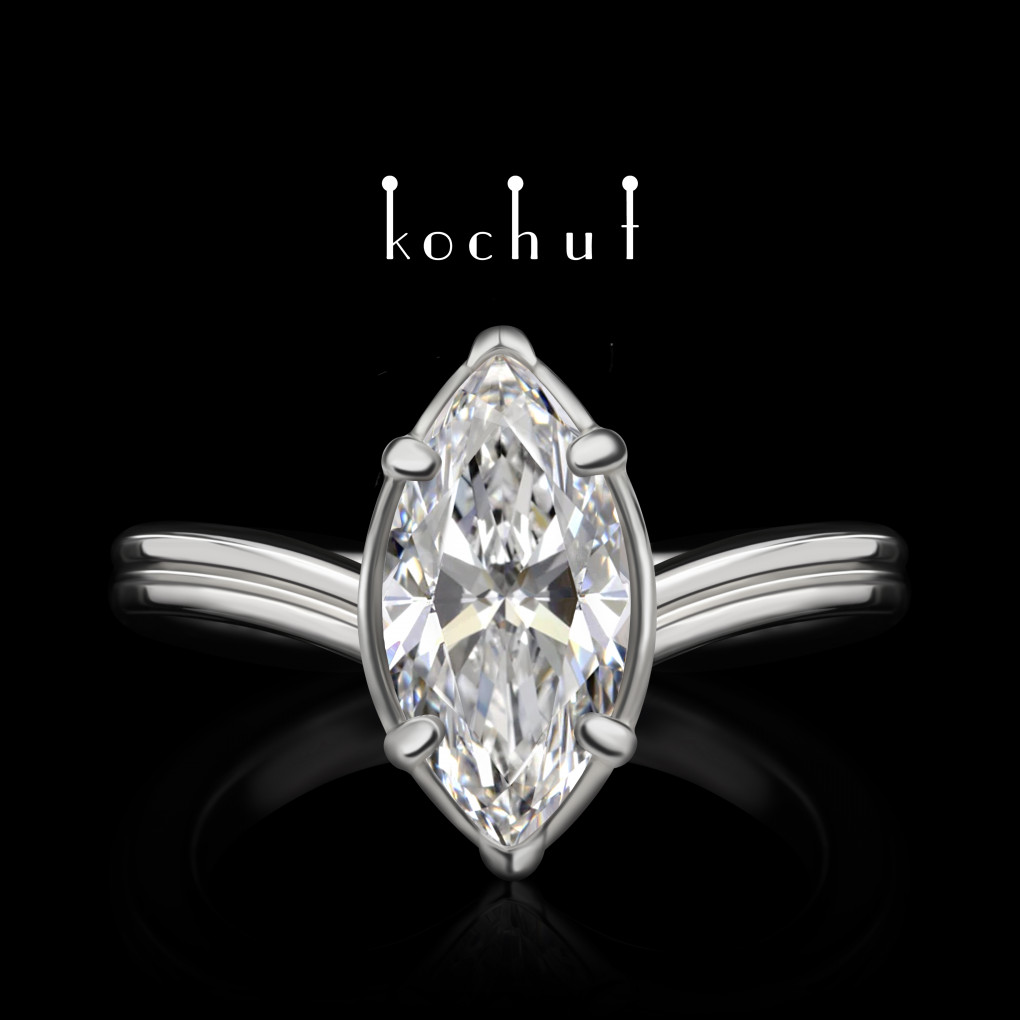 Engagement ring «Arwen». White gold, marquise-cut diamond, white rhodium