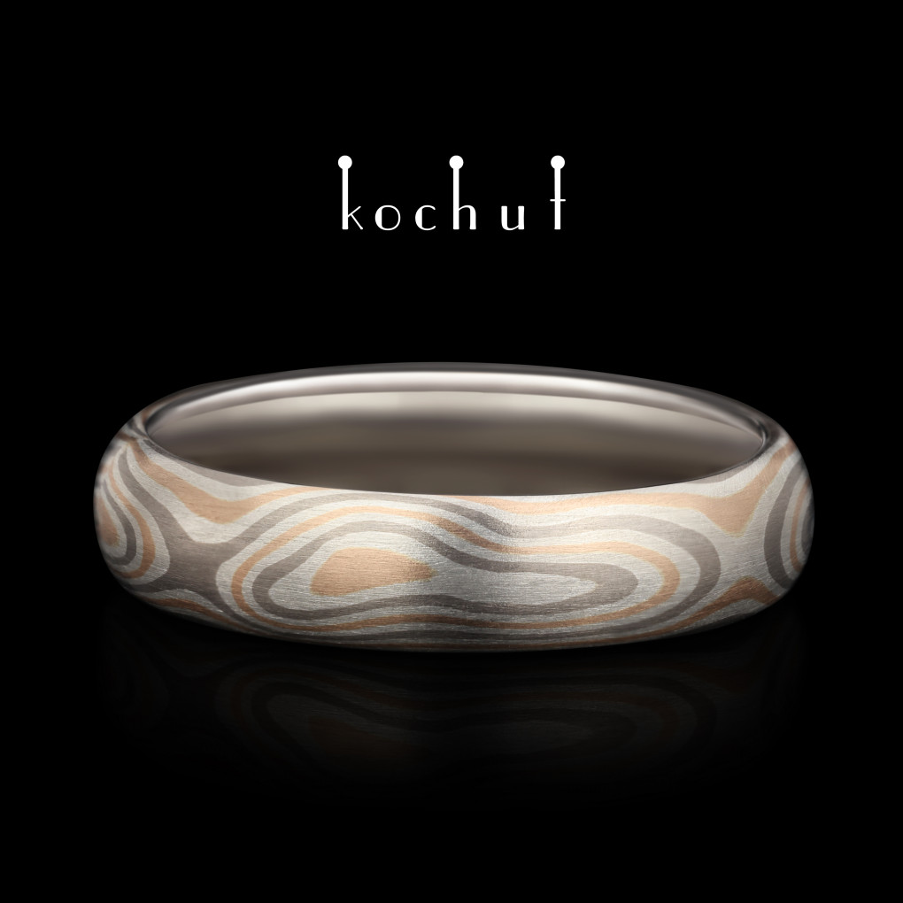 Mokume wedding ring «Hinoki». Palladium gold, red gold, silver
