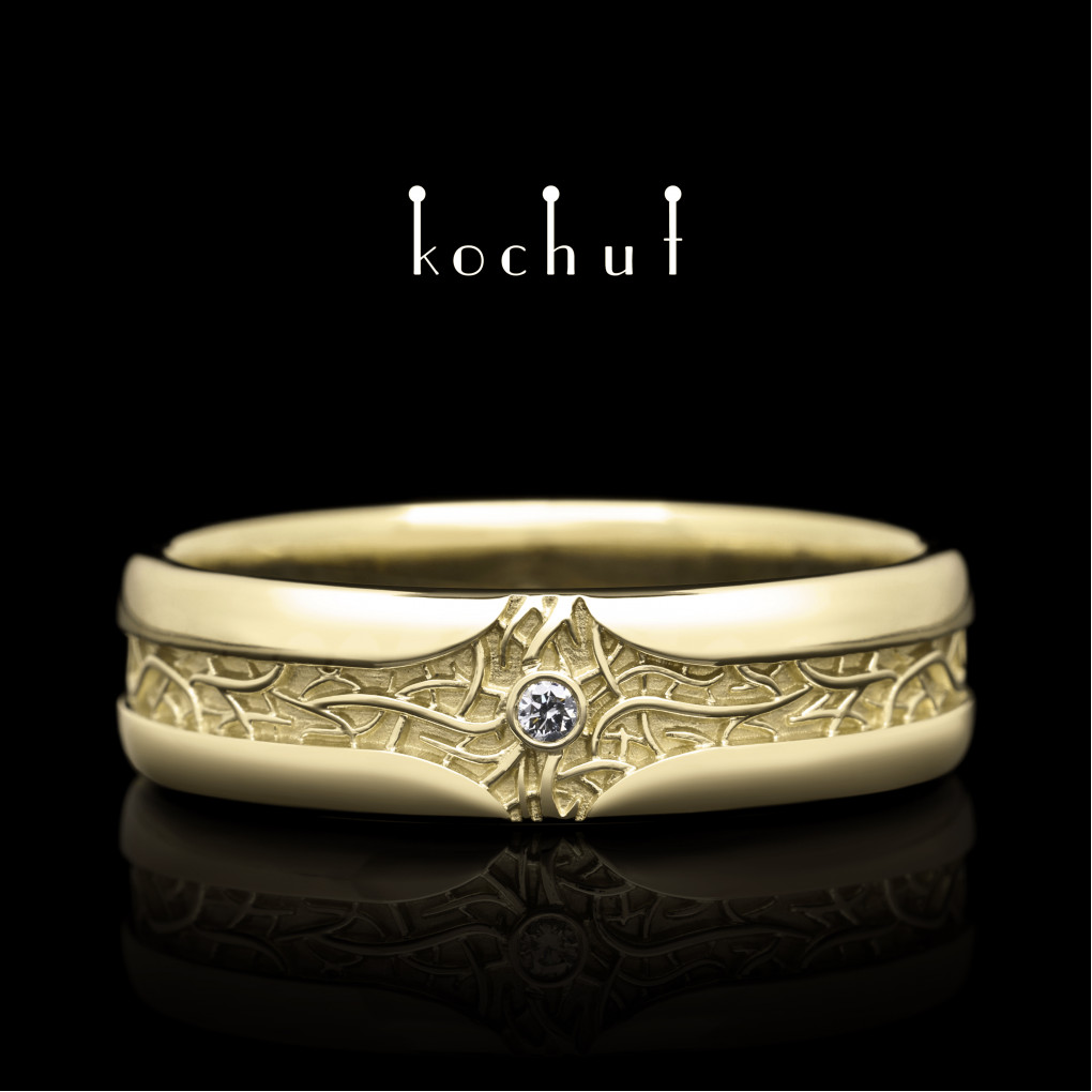 Wedding ring «Noble roots». Yellow gold, diamond