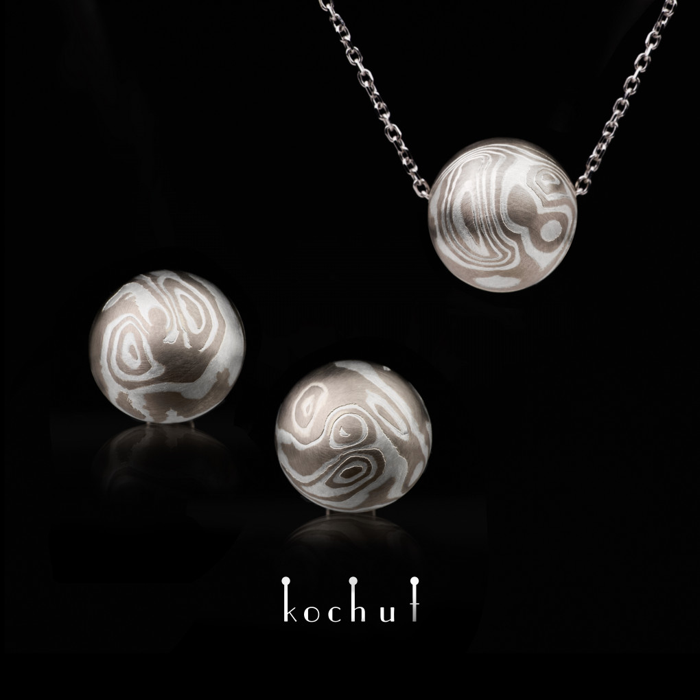 Mokume jewellery set «Whirlwind». Palladium gold, etched silver