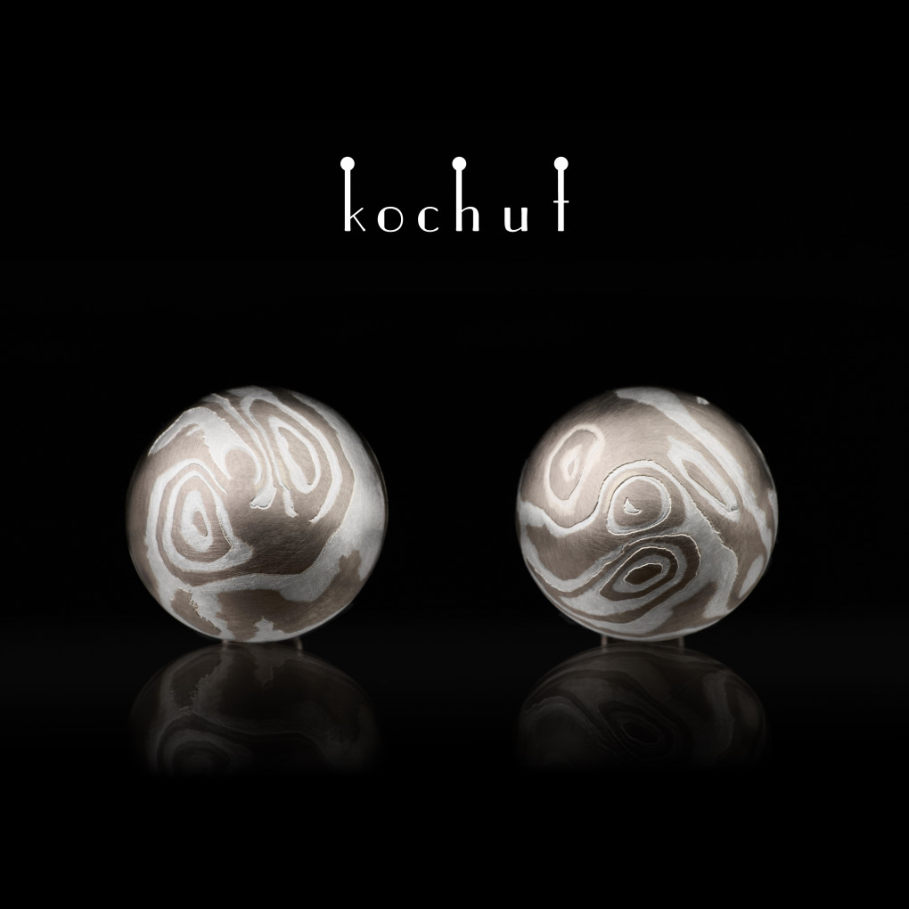 Mokume earrings «Whirlwind». Palladium gold, etched silver